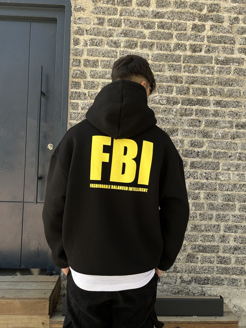 FBI Baskılı Siyah Oversize Hoodie Sweatshirt