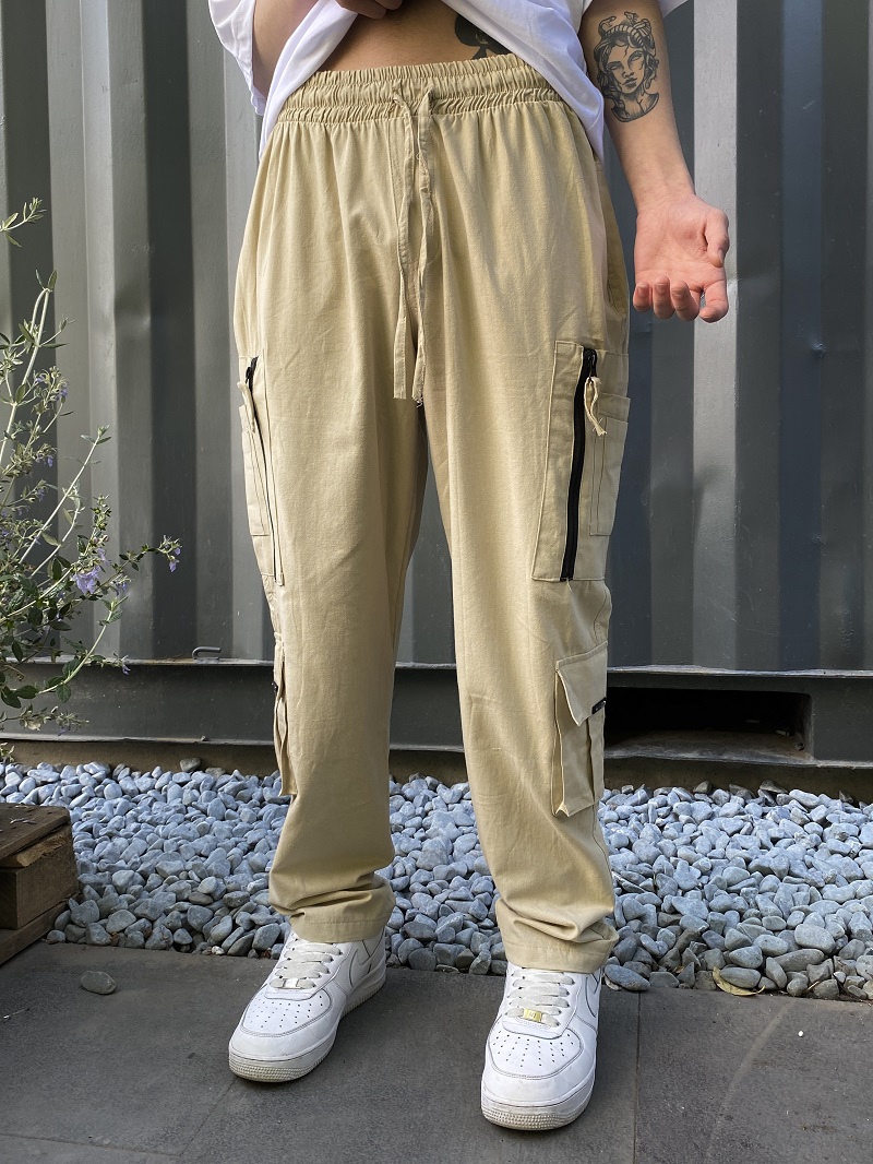 Fermuar Detaylı Krem Oversize Pantolon