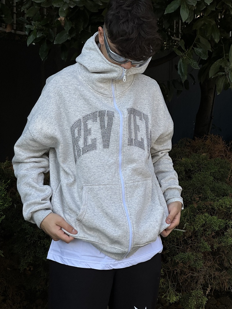 Taşlı Gri Oversize Zip Hırka Taşlı Gri Oversize Zip Hırka