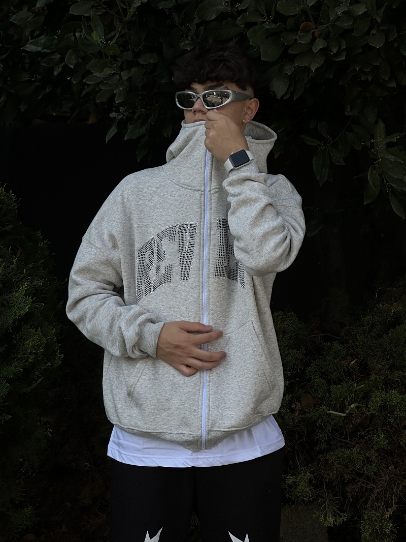 Taşlı Gri Oversize Zip Hırka Taşlı Gri Oversize Zip Hırka