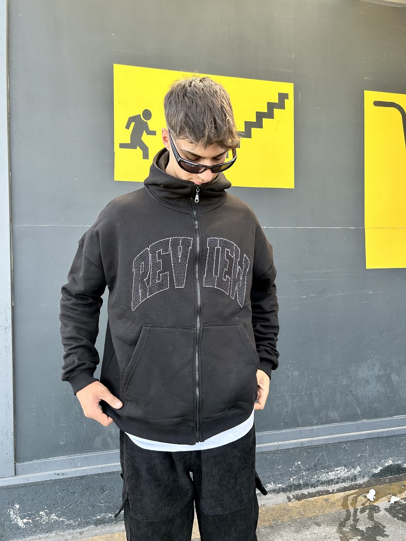 Taşlı Siyah Oversize Zip Hırka Taşlı Siyah Oversize Zip Hırka